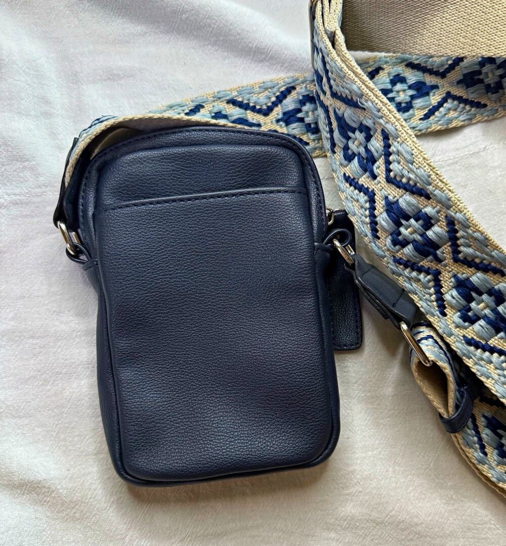 Tom Taylor denim Blue Pebbled Crossbody Phone Bag Geometric Strap Zip Silver